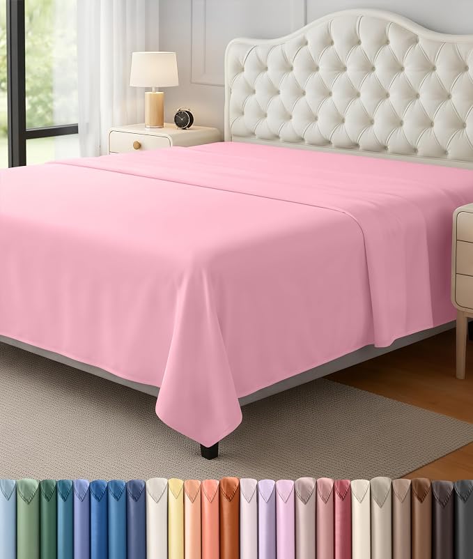 Queen Size Flat Sheet Only, Ultra Soft & Breathable Hotel Sheets, Pink | Hotel Bedding, Cooling Comfort, Smooth Feel, Wrinkle & Fade Resistant, Easy Care, Long-Lasting, Machine Washable, OEKO-TEX