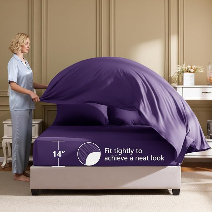 HIMEET King Comforter Set, 7-Piece Point-Quilted Bed in a Bag, Purple | OEKO-TEX Certified, Lightweight 240 GSM Comforter, Flat Sheet, 14-Inch Deep-Pocket Fitted Sheet, Pillowcases & Shams