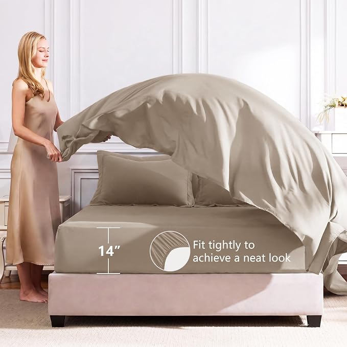 Full Size Comforter Sets Khaki - 7 Pieces Complete Bedding Set | OEKO-TEX Certified, All Season, 240GSM Down-Alternative Comforter, Sheets, Pillowcases & Shams, 14" Deep Pocket, Easy Care