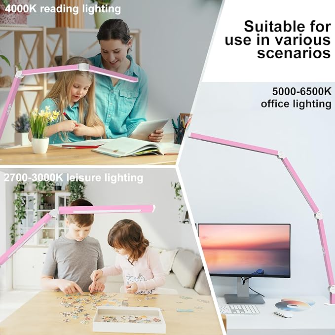 Micomlan Architect Desk Lamp with Clamp, Led Desk Lamp with Dual Light Bars and Adjustable Swing Arm, Clip-on Stepless Dimming Table Light Computer Lighting for Home Office Sewing Painting Hobby