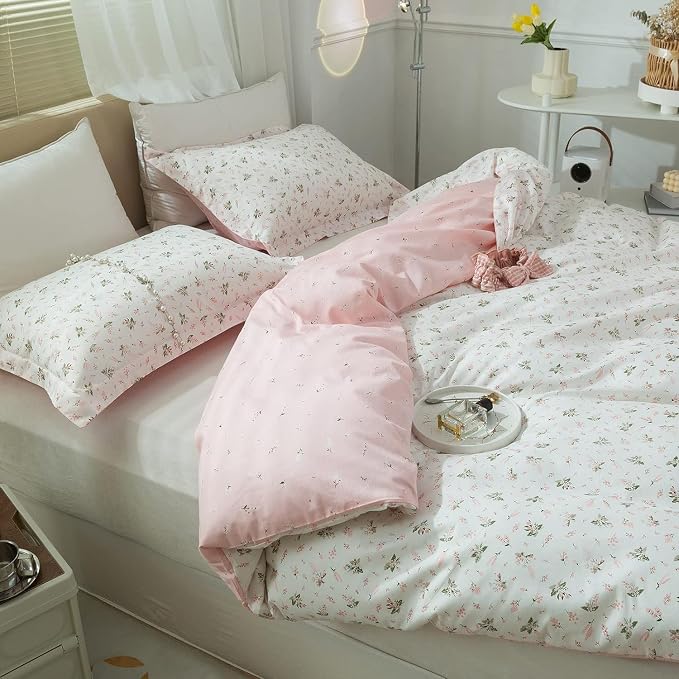 mixinni Garden Style White Floral Duvet Cover King Size 3 Pieces Set Flower Leaf Pattern Printed Soft Cotton Comforter Cover with 2 Pillowcases-King Size