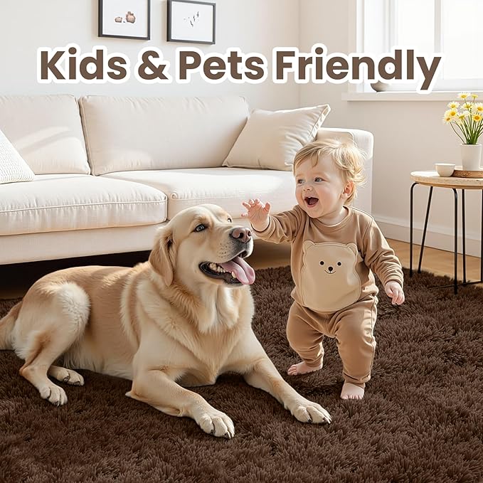 5x8 Fluffy Shag Area Rugs for Living Room Bedroom: Soft Plush Carpet Brown | Upgraded Non-Slip Thick Memory Foam, Ultra Soft, Non-Shedding Fuzzy Carpet, Easy Clean Decor for Kids Room, Nursery, Playroom