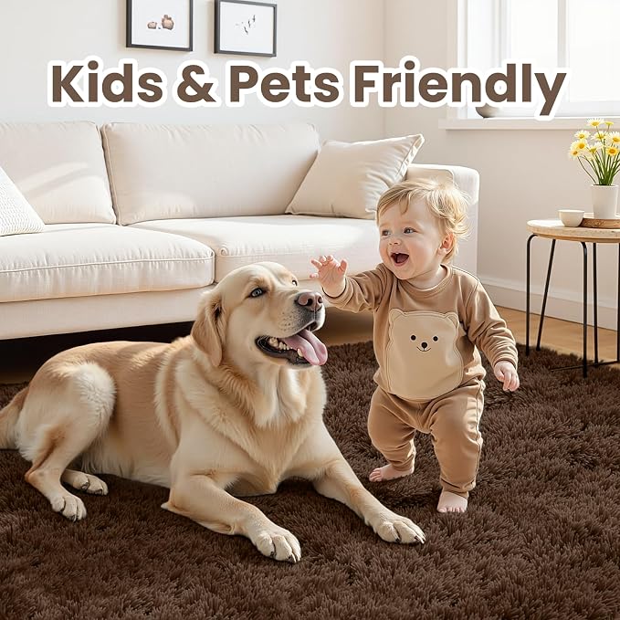 4x6 Fluffy Shag Area Rugs for Living Room Bedroom: Soft Plush Carpet Brown | Upgraded Non-Slip Thick Memory Foam, Ultra Soft, Non-Shedding Fuzzy Carpet, Easy Clean Decor for Kids Room, Nursery, Playroom