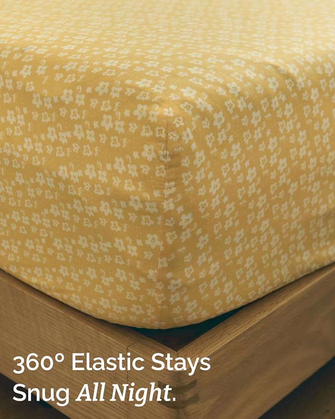 Split King 5 Piece Floral Sheet Set - Breathable & Cooling - Yellow Meadow | 1 Flat, 2 Fitted & 2 Pillowcases w/ Deep Pockets, Boho Botanical Floral Bedding, Breathable & Cooling, Wrinkle & Fade Free