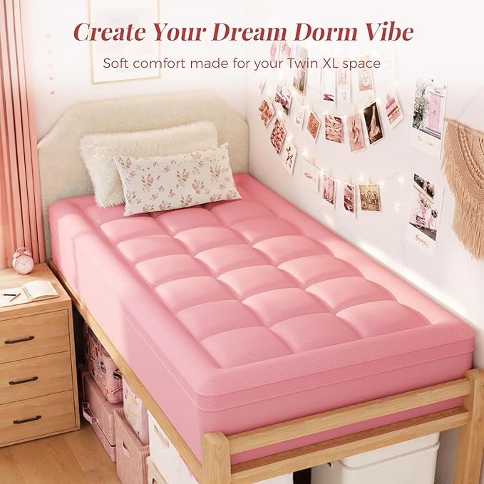 ELEMUSE Twin XL College Girls Dorm 3 Inch Memory Foam Mattress Topper | Pink Dual Layer Design, 2 Inch Cooling Gel Foam and 1 Inch Soft Pillow Top Bed Pad, Comfortable Support