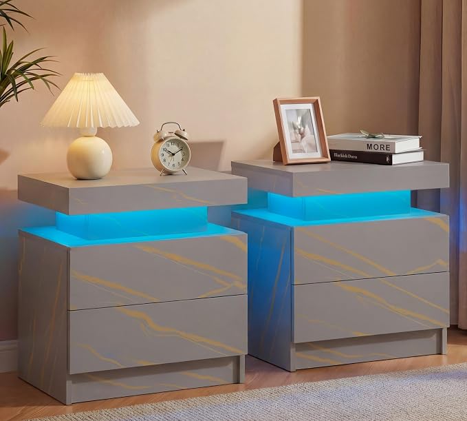 i-aplus Gray Modern LED Nightstand Set of 2 with 2 Wood Drawer for Bedroom | Nightstands with App-Controlled RGB LED Lights, Night Stand with Storgae Drawer, Modern Bedside Table for Bedroom