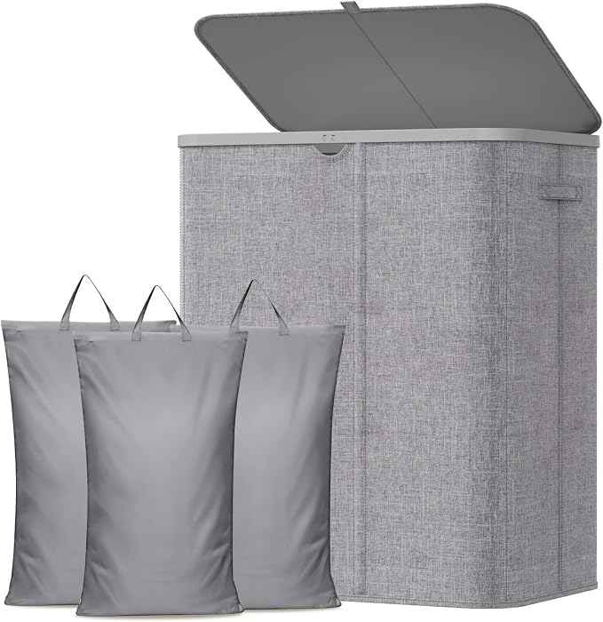 Lifewit 185L 3 Section Laundry Hamper with Lid, Laundry Basket, Light Gray | Large Foldable Laundry Sorter with 3 Removable Bags, Tall Clothes Hamper for Bedroom and Bathroom