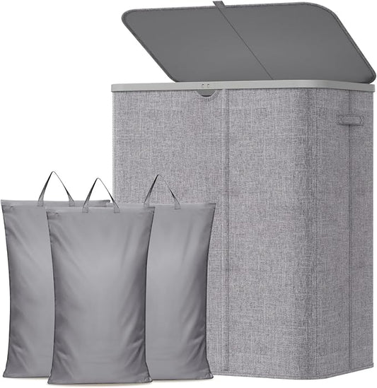 Lifewit 185L 3 Section Laundry Hamper with Lid, Laundry Basket, Light Gray | Large Foldable Laundry Sorter with 3 Removable Bags, Tall Clothes Hamper for Bedroom and Bathroom