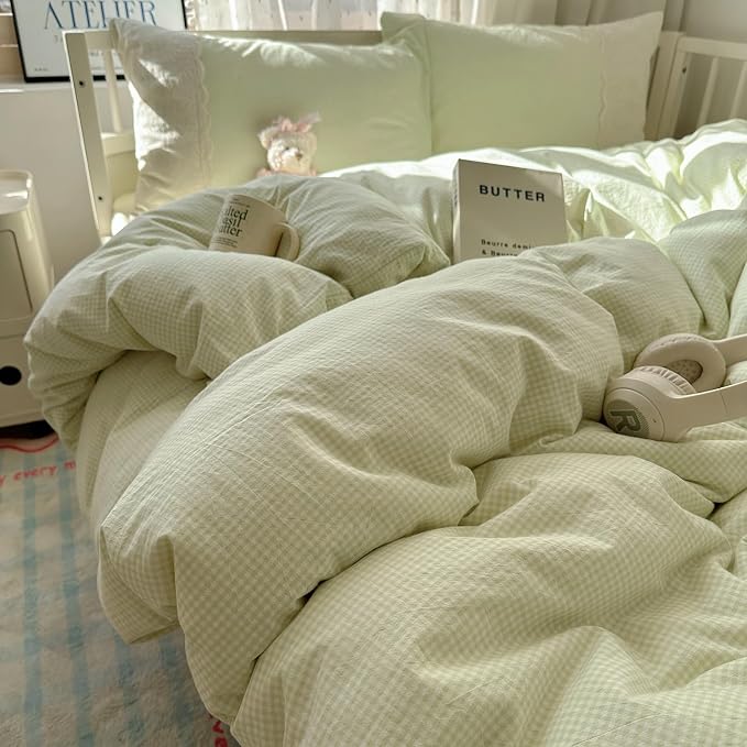 mixinni Green Gingham Duvet Cover Queen Size - 3 Piece Cottagecore Plaid Bedding Set with Lace Trim, Soft Washed Microfiber Vintage Aesthetic Grid Comforter Cover & Pillow Shams, (Green White Gingham)