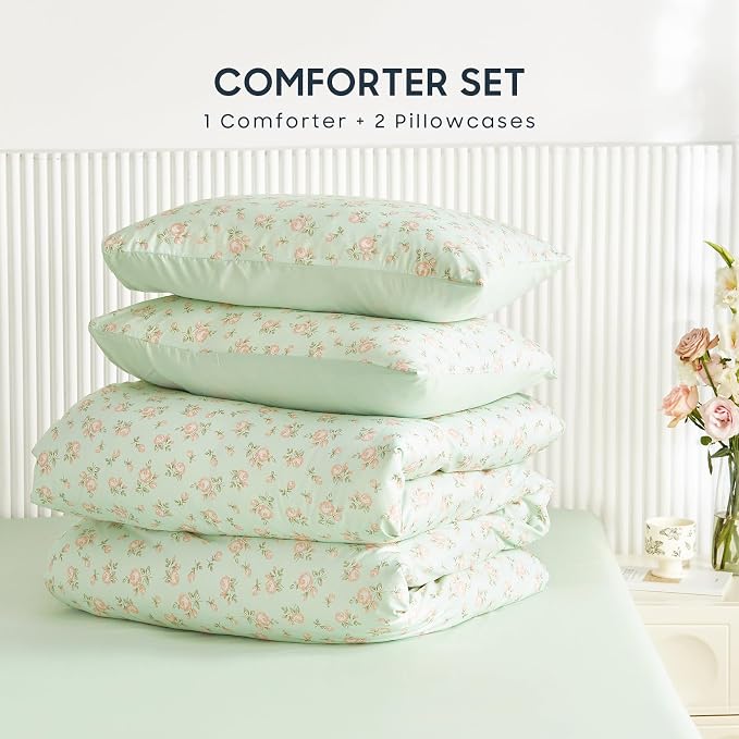 Wake In Cloud - Floral Comforter Set, Coquette Cottagecore Aesthetic Flower Shabby Chic Pattern for Women Teen Girls, Soft Lightweight Bedding, 3 Pieces, Green Pink, Twin/Twin XL Size