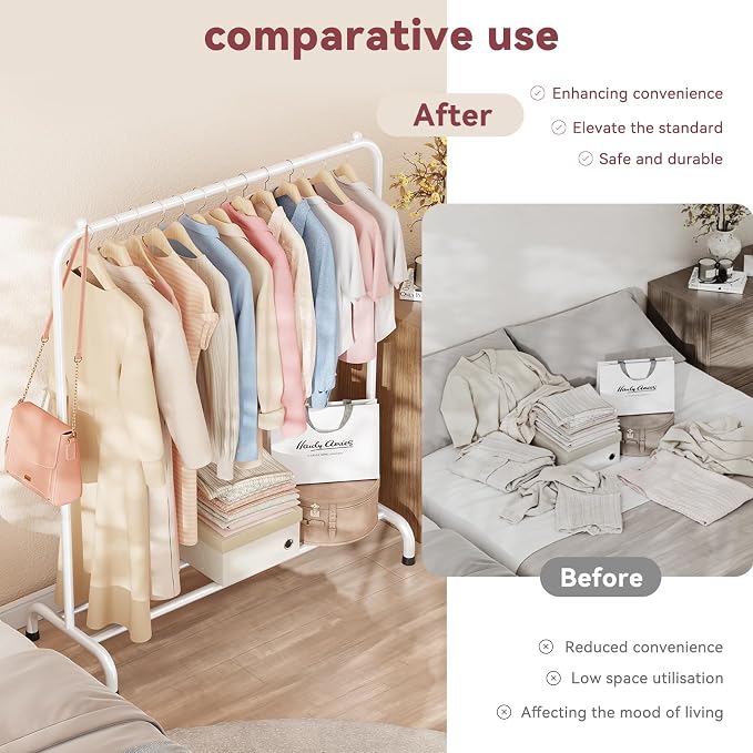 Clothing Clothes Rack with Storage Shelf, 45" L Standard Garment Rack for Hanging Clothes, Metal Portable Wardrobe Rack for Laundry Room, Bedroom, White