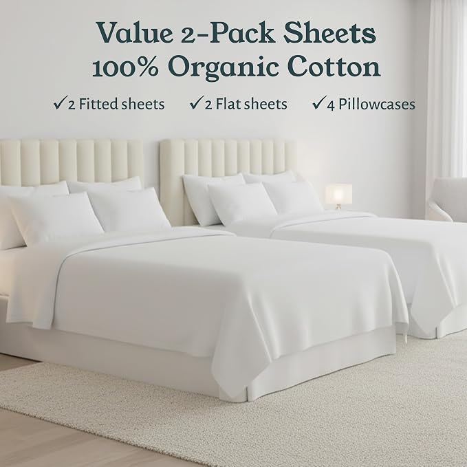 California Design Den 2 Pack 100% Organic Cotton Queen Sheets, True Ivory | GOTS Certified, Lightweight Crisp & Airy Percale For Hot Sleepers, 15" Deep Pocket, All-around Elastic, Easy Care