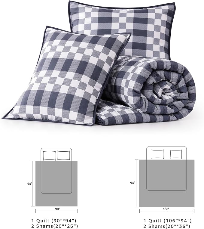 King Quilt-Lightweight Bedspread Plaid Quilt King Size Quilt Bedding Set | Navy Reversible Neutral Coverlet with 2 Shams for All Seasons, Suitable for Bed, Couch, 3 Pieces, 106"x94"