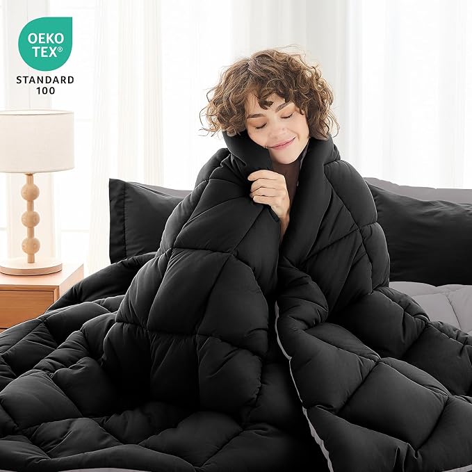 5 Pieces Twin Comforter Set, Reversible Bed in a Bag Twin Size, All Season Bedding Set with Comforter, Flat Sheet, Fitted Sheet, Pillowcases & Shams, Black & Soot