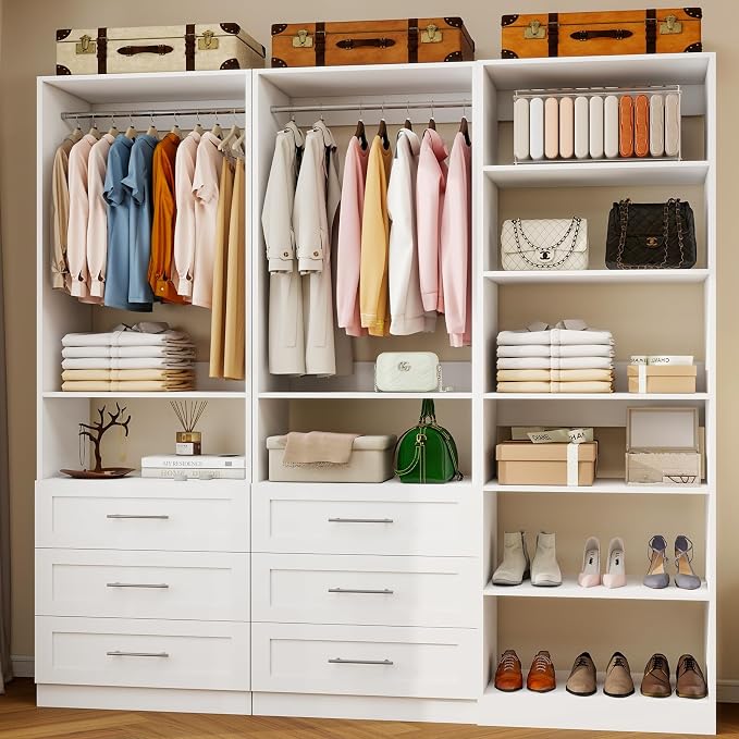 Closet System with 3 Sets, 6–15 FT Closet Organizer System with 6 Drawers, 8 Shelves & 5 Rods, Walk-In Modular Closet System, Custom Built-In Closet Kit, White