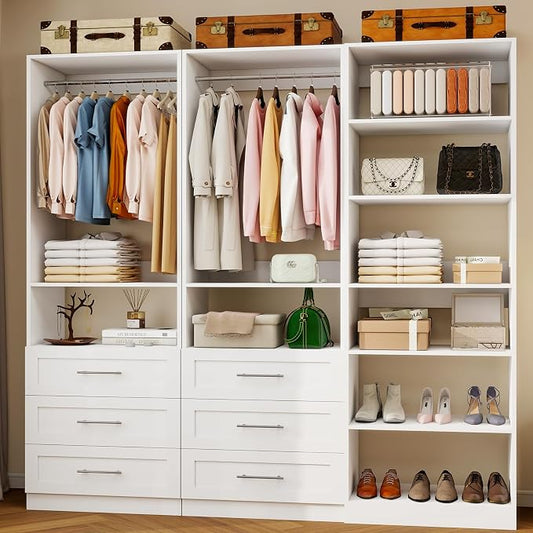 Closet System with 3 Sets, 6–15 FT Closet Organizer System with 6 Drawers, 8 Shelves & 5 Rods, Walk-In Modular Closet System, Custom Built-In Closet Kit, White