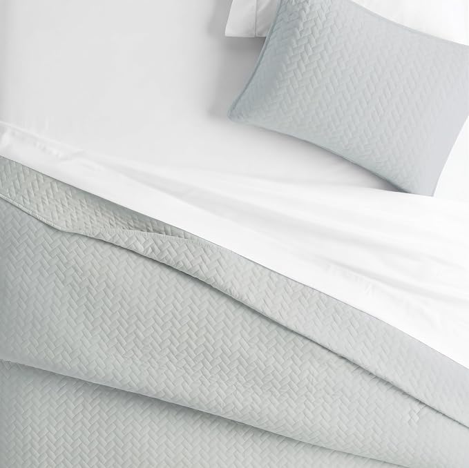Merit Linens Classic Quilt Coverlet Soft Set in Herringbone Stitching - Twin/TwinXL Pale Blue