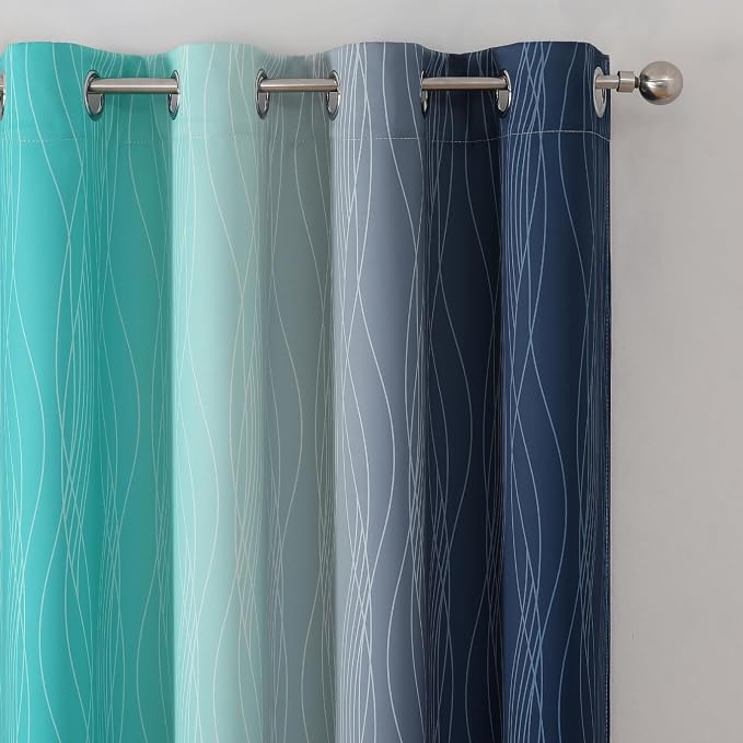 Navy Blue and Teal Gradient Blackout Curtains for Living Room 72 Inch Long | Estelar Textiler Ombre Curtains for Bedroom,Room Darkening Thermal Insulated Energy Saving Grommet Drapes,52Wx72L,2 Panels