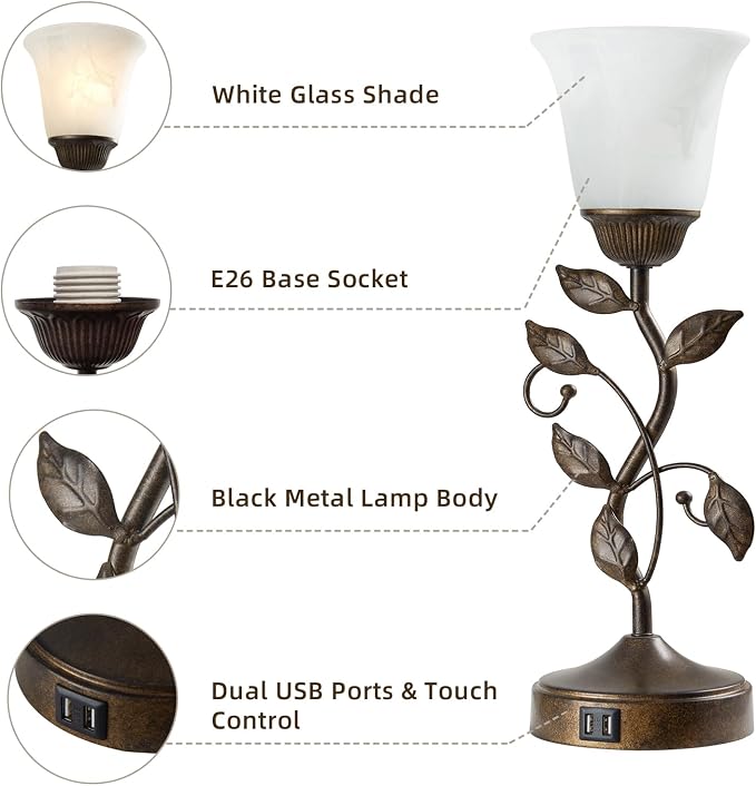Touch Bedside Table Lamp for Living Room with 2 USB C+A Ports | 3 Way Dimmable Leaf Lamp Retro Vintage Nightstand Table Lamp for Bedroom with White Glass shade, LED Bulb Included