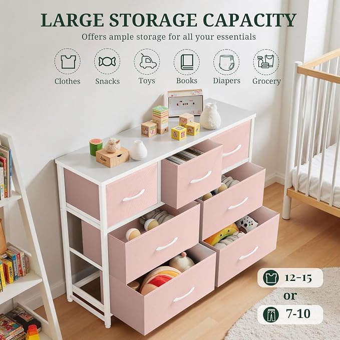 7-Drawer Dresser for Bedroom, Anti-Tip Wide Storage Organizer Fabric | Chest of Drawers TV Stand for 45" TV with Wooden Top and Metal Frame for Closet, Living Room, Hallway, Entryway, Pink