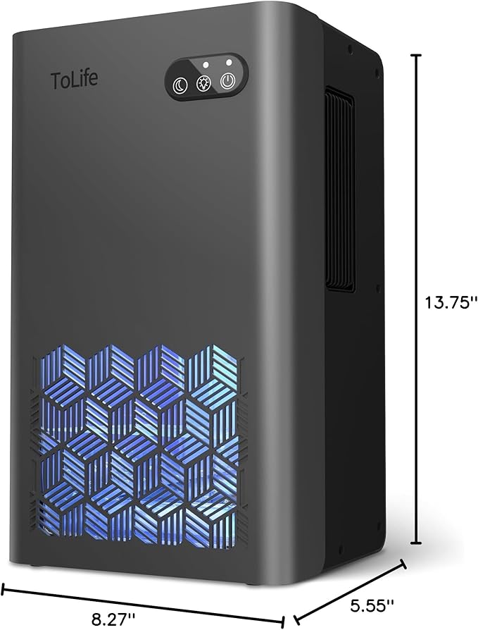 ToLife Dehumidifier, 1000 Sq Ft 95 oz Tank with Sleep Mode, Auto Shutoff | Portable for Home, Bedroom, Bathroom and Basement with 7-Color LED Light, Grey
