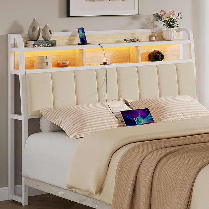 ComfyCorner Queen Size Headboard with Storage & LED Light, Off White | Upholstered Ergonomic Head Board with Power Outlets & 2-Tier Storage, Queen Headboard Only, Bed Frame Mounting, Heavy Duty