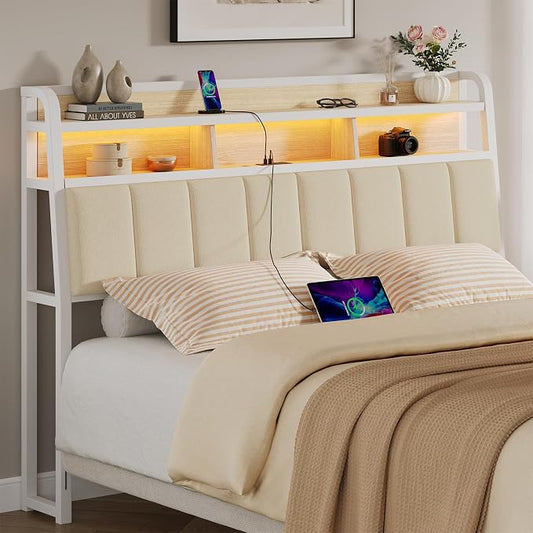 ComfyCorner Queen Size Headboard with Storage & LED Light, Off White | Upholstered Ergonomic Head Board with Power Outlets & 2-Tier Storage, Queen Headboard Only, Bed Frame Mounting, Heavy Duty