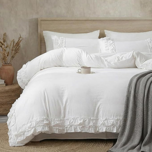 Bedorm White Ruffle Duvet Cover Twin Shabby Chic Bedding Set Pleat Ruffled Farmhouse Pure White Comforter Cover Extra Soft & Easy Care Boho Duvet Cover Set