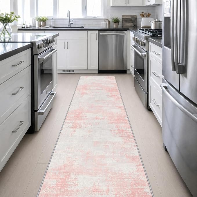2.6x14 Washable Runner Rug:Modern Abstract Soft Carpet Pink White | For Hallway, Bedroom, Kitchen, Laundry, Bathroom,Door Mat,Modern Abstract,Machine washable,Non-Slip,Stain Resistant,Indoor