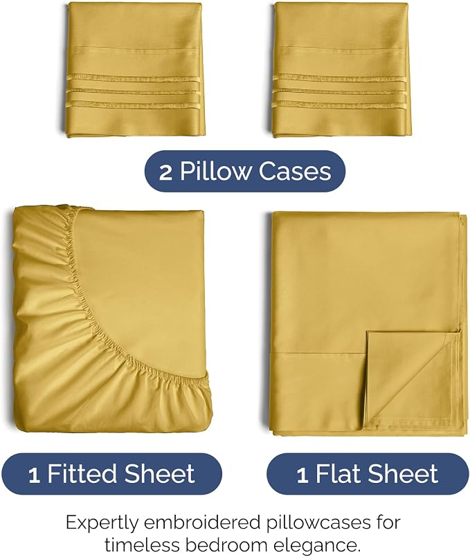 King Size 4 Piece Sheet Set - Ultra Soft & Cooling Bed Sheets - Mustard | Fits 8 Inch to 16 inch Mattress, Wrinkle Free & Fade Resistant with Deep Pockets, Breathable, Comfy Hotel Luxury Bedding