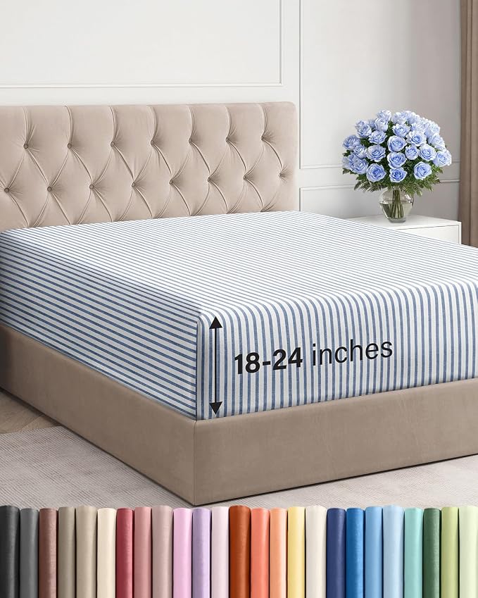 Extra Deep Full Fitted Sheet - Single Fitted Sheet Only - Blue Stripes | Easily Fits 18 inch to 24 inch Mattress, Soft, Wrinkle Free, Breathable & Comfy, Extra Deep Pockets Hotel Luxury Fitted Sheet