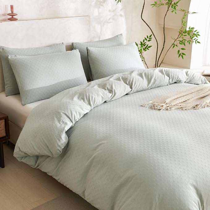 Queen Size Comforter Set Polka Dot Luxury Washed Microfiber Jacquard 3 Pieces Bedding, Sage Green Polka Dot Vertical Ticking Stripes Pattern Comforter with 2 Pillowcases Soft Breathable Durable Comfy