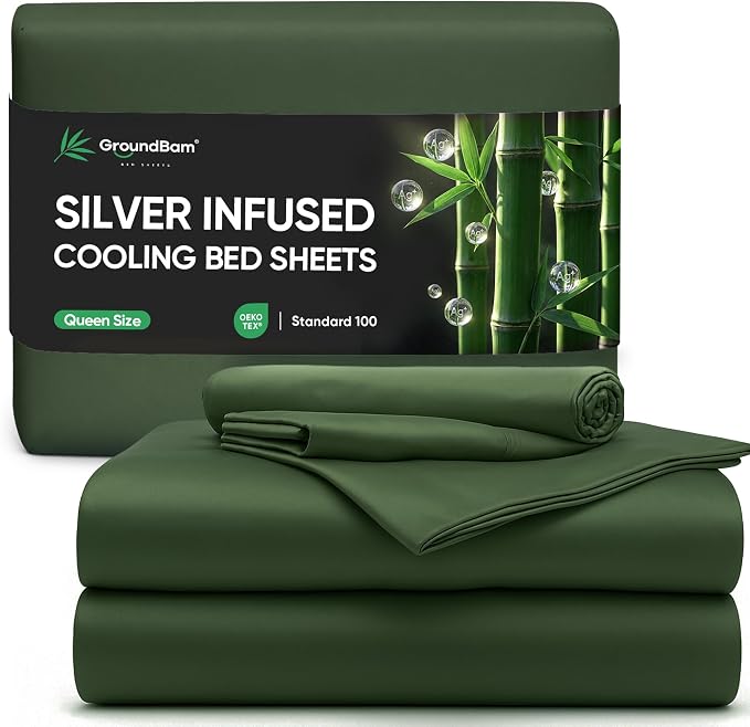 Silver Infused Bed Sheets Set, Temperature-Regulating Fabric with Self-Cleaning Technology for 3X Freshness Sleep, Soft and Cool-to-the-Touch Lightweight Bedding Set (SageGreen, Queen)