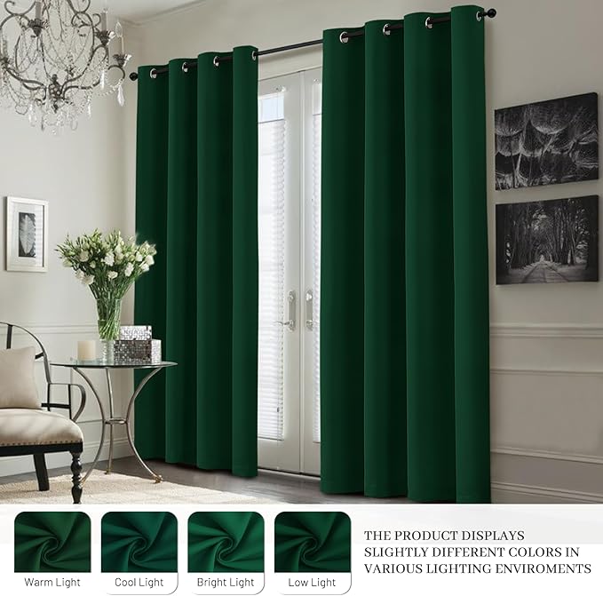 Yakamok Dark Green 100% Blackout Curtains 84 Inches Long 50" Wide 2 Panels | Blackout Curtain Panels for Bedroom, 2 Thick Layers Grommet Top Thermal Insulated Drapes with White Back for Living Room