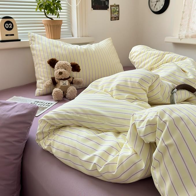 mixinni Pastel Yellow Lavender Striped Twin XL Duvet Cover Set, Soft Premium Washed Microfiber Aesthetic Stripes Comforter Cover with Hidden Zipper & Corner Ties, 3 Piece Sweet Teen Bedding for Girls