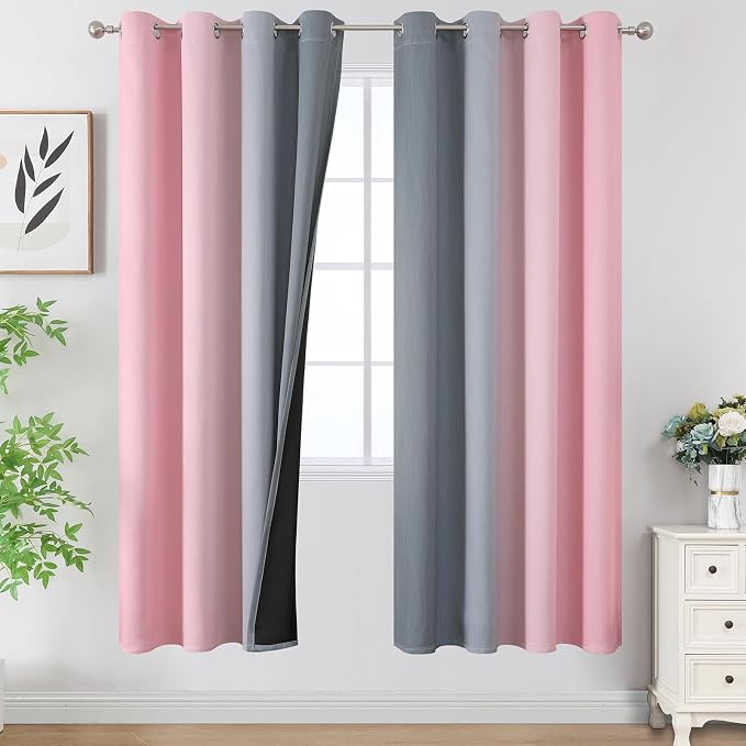 Ombre Grey and Pink Blackout Curtains for Bedroom 72 Inch | Full Room Darkening Blackout Curtains for Living Room, Grommet Thermal Insulated Gradient Window Drapes, 52x72 Inch,2 Panels