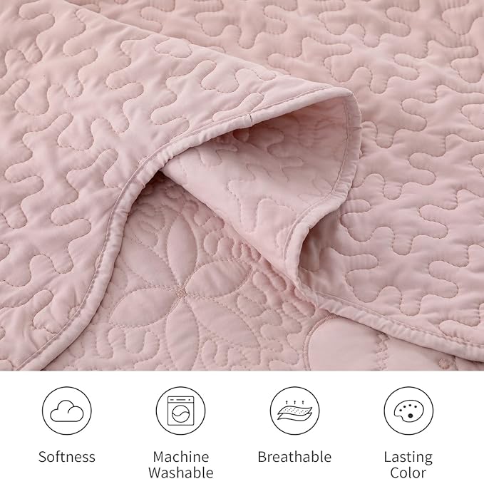 Cmfshape Oversized Floral Embroidery Quilt Set,3 Pieces Super King Quilt Bedding Set,Classic Diamond Pattern Quilt,Ultra Soft Lightweight Reversible Bedspread Coverlet for All Season(Pink,120"x120")
