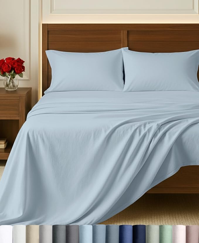 California Design Den 100% Egyptian Cotton Full Sheets, 4 Pcs, Light Blue | Backed by Good Housekeeping Seal, Light & Airy Soft Sateen, 15" Deep Pocket, All-Around Elastic, Durable, Easy Care 4pc Set