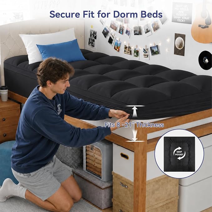 ELEMUSE Twin XL Black Mattress Topper for College Dorm, Thick Pillow Top | Extra long twin mattress pad with deep pocket, plush college dorm room essential for girls & guys, ideal for back to school