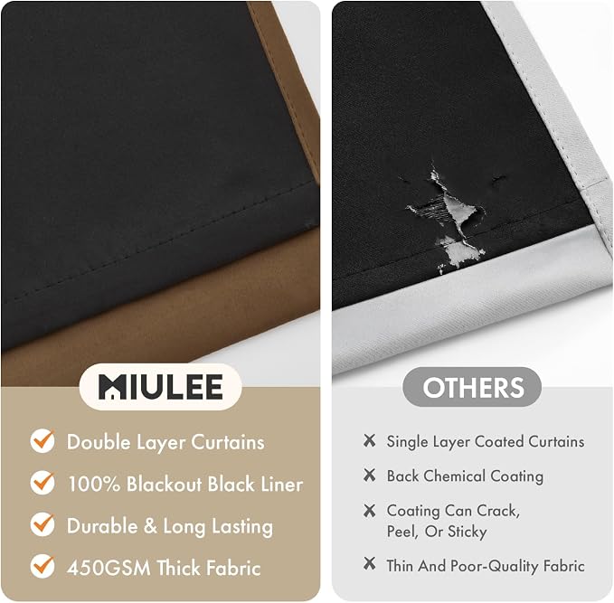 MIULEE Brown 100% Blackout Curtains for Bedroom 96 Inch Long 2 Panels Set | 2 Thick Layers Thermal Insulated Window Curtains with Black Liner, Noise Reducing Grommet, Drapes for Living Room