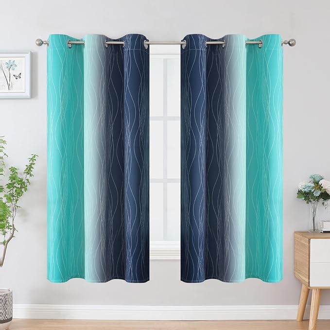 Navy Blue and Teal Gradient Blackout Curtains for Bedroom 63 Inches Long | Estelar Textiler Ombre Living Room Curtains,Room Darkening,Thermal Insulated,Light Blocking Grommet Drapes,42Wx63L,2 Panels