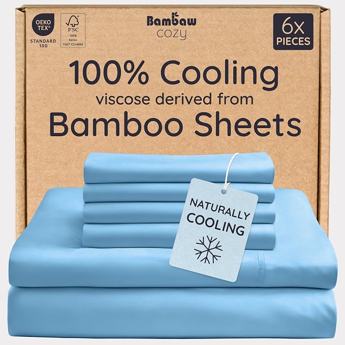 Bambaw 100% Viscose Derived from Bamboo Sheets King Size – 6pcs King Cooling Sheet Set, Luxury Sheets King Size Deep Pocket, Fits Up to 16'' Mattresses, Super Soft (Dream Blue)