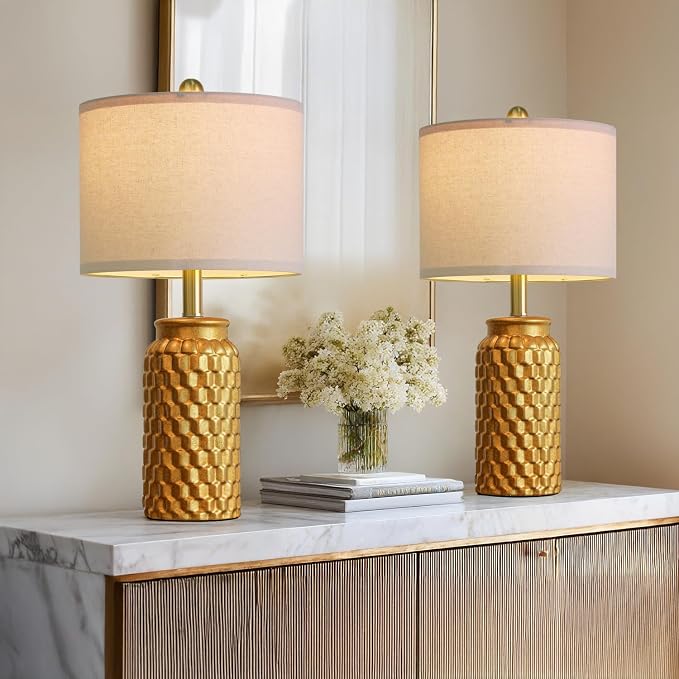 USumkky 20.5" Gold Modern Ceramic Bedside Lamp Set of 2 for Bedroom Decor Farmhouse Table Lamp for Living Room Office Dorm