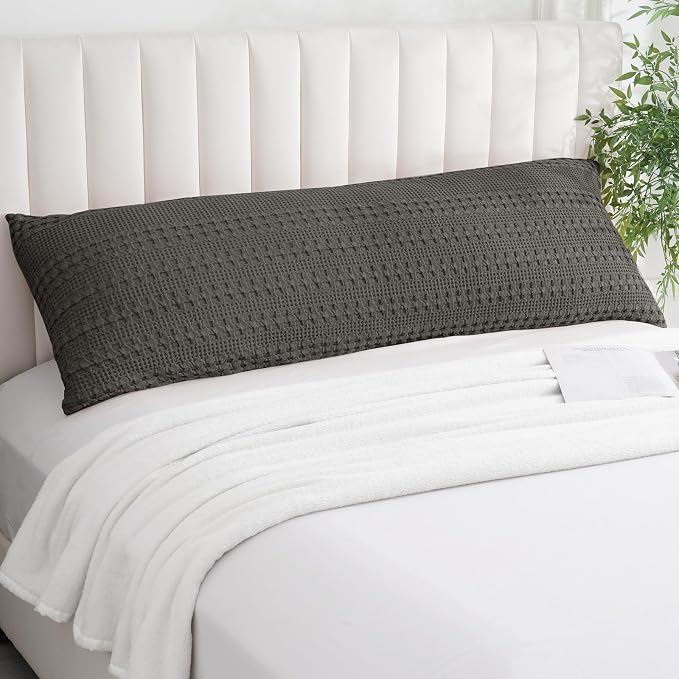 PHF 100% Cotton Waffle Body Pillowcase with Zipper, 1 Pack 20" x 54" Soft Skin-Friendly Pillow Sham, No Filling, Aesthetic Woven and Breathable Waffle Weave Body Pillow Cover for Bed, Charcoal Grey