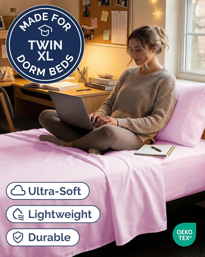 Twin XL 3 Piece Sheet Set - College Dorm Room Essentials - Light Pink | Deep Pocket Bed Sheets for Women, Men, Teens & Students, Soft, Cooling, Breathable & Wrinkle Free, Oeko-Tex Bed Sheet Set