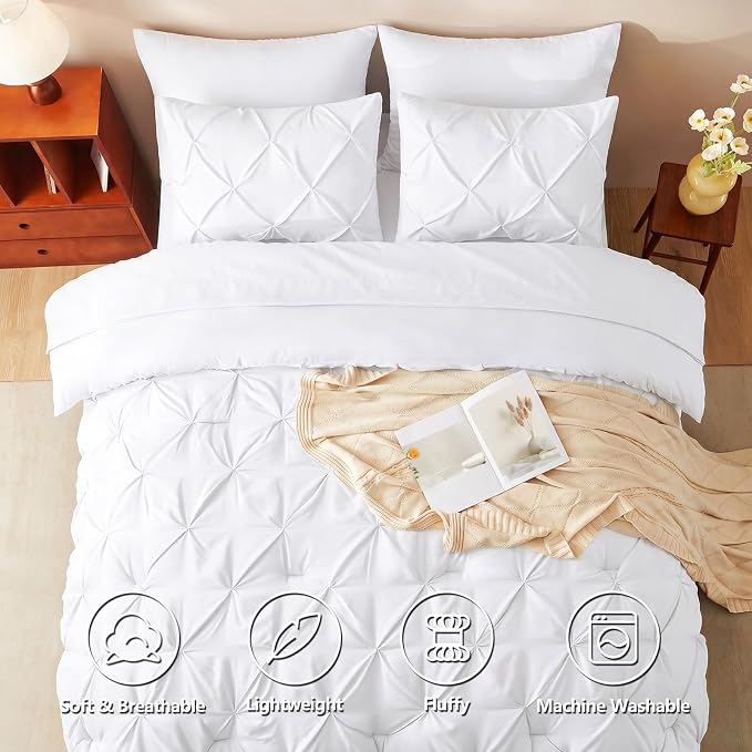 HIMEET Oversized Queen Comforter Set White - 7 Pieces Pintuck Bed in a Bag | OEKO-TEX Certified, 240GSM Down Alternative Comforter, 14" Deep Pocket Fitted Sheet + Flat Sheet + 2 Pillowcases + 2 Shams