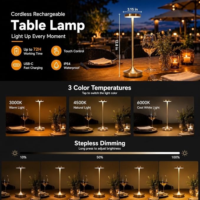 2 Pack Cordless Table Lamps, Rechargeable 6000mAh, 72H Runtime, Waterproof | Stepless Touch Dimming with 3 Color Modes & Memory Function for the Perfect Ambiance at Home, Restaurants & Patios (Bronze)