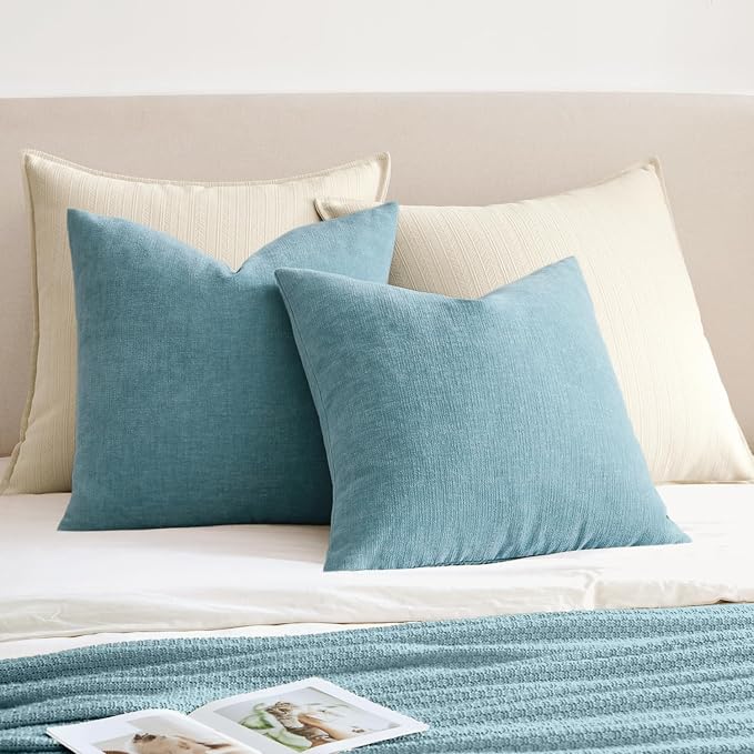 MIULEE Smoke Blue Chenille Couch Throw Pillow Covers, 20x20 | Set of 2, Soft Coastal Home Decor, Modern Farmhouse Decorative Pillowcases for Sofa Living Room Bed