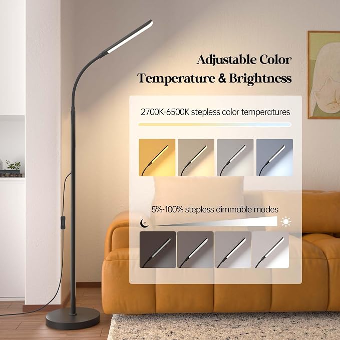 Aisutha LED Floor Lamp, 18W Super Bright Floor Lamp for Living Room, Adjustable Stepless Colors & Brightness Standing Lamp, Eye Caring Reading Light with Remote | Adjustable Stepless Colors & Brightness Standing Lamp, Eye Caring Reading Light with Remo...
