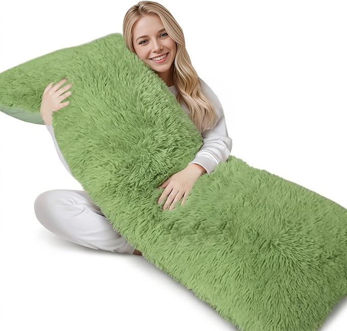 ZonLi Fluffy Body Pillow for Adults, Fuzzy Faux Fur Long Pillow with Shredded Memory Foam, Adjustable Support for Side Sleepers, Gifts, 20 x 54 Inch, Sage Green